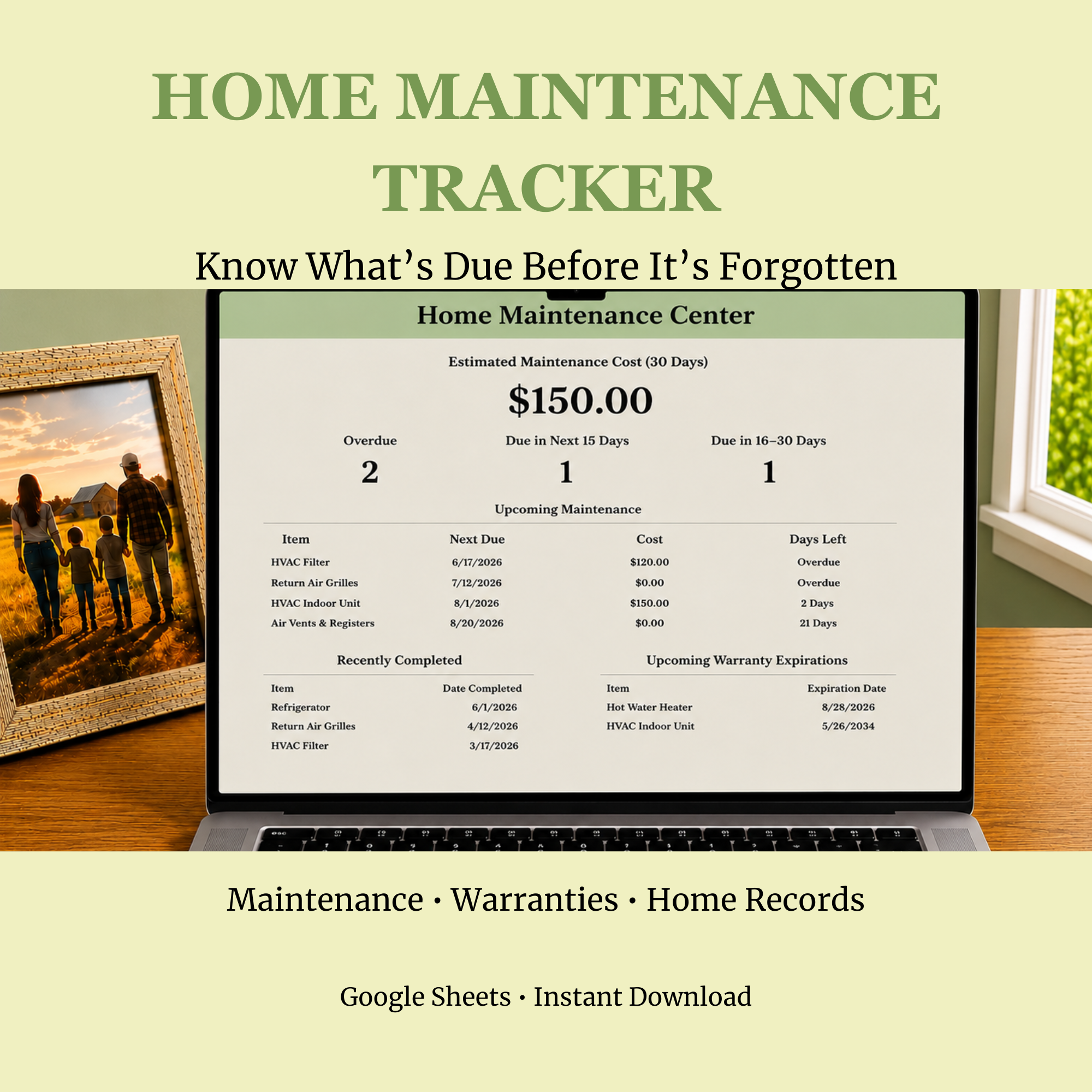 Home Maintenance Tracker dashboard shown on a laptop