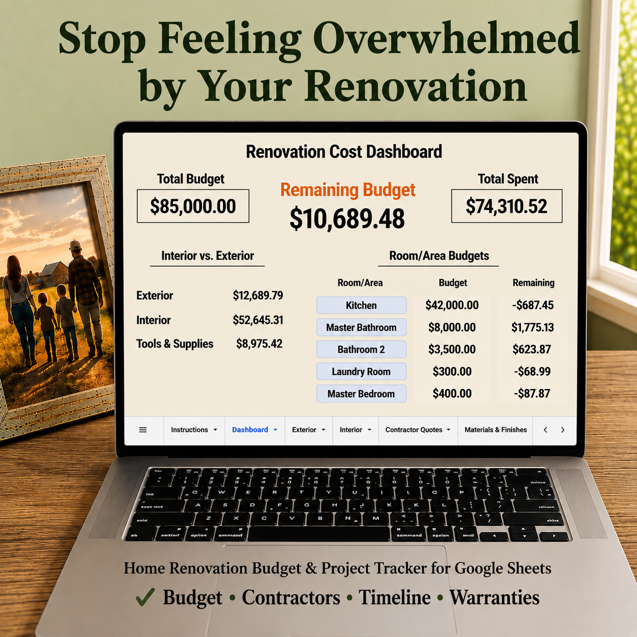 Home Renovation Planner dashboard shown on a laptop