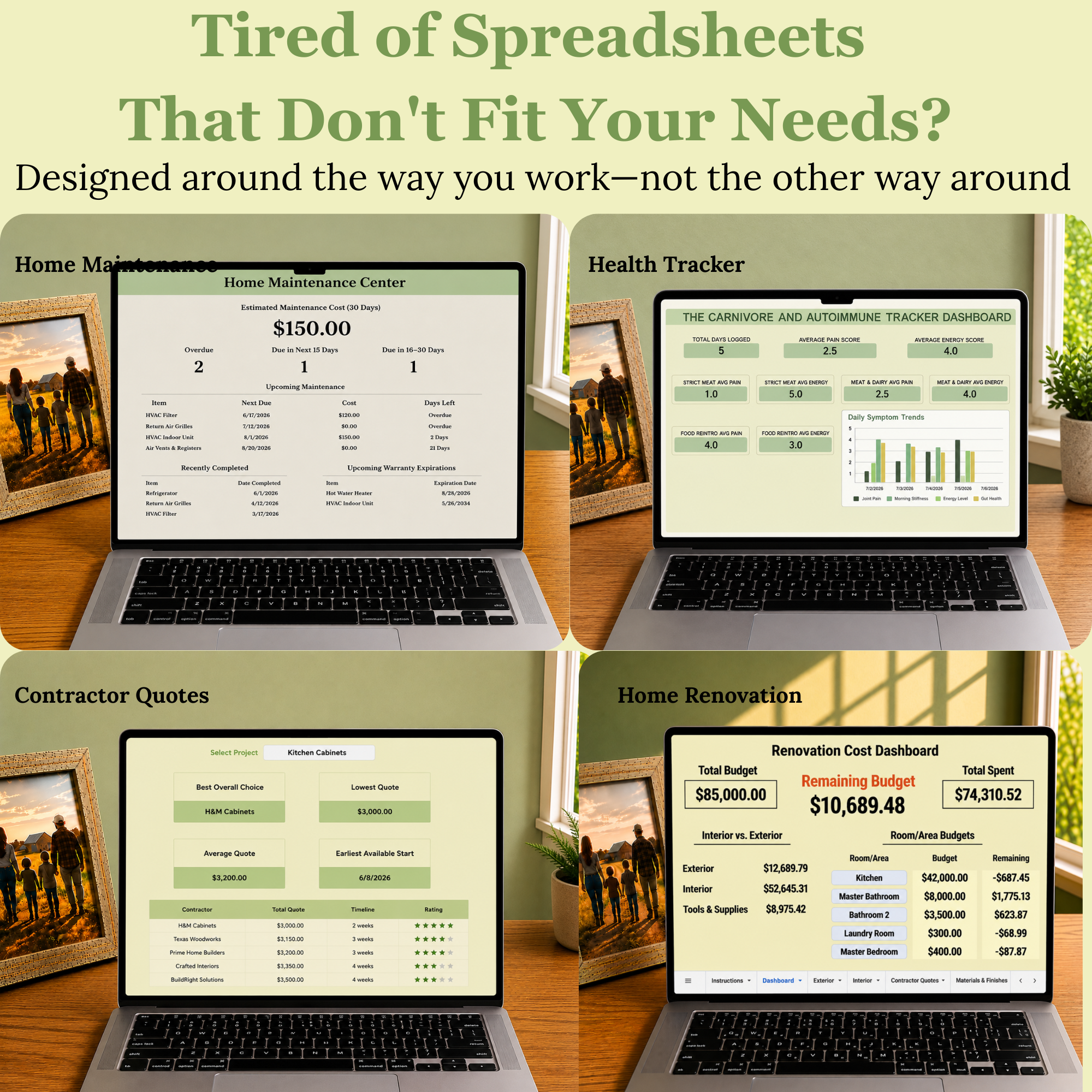 Examples of custom Google Sheets for home, health, contractors, and renovations